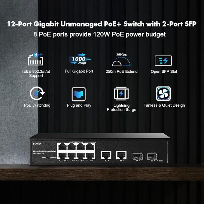 12 Port Gigabit PoE Switch, 8 Ggiabit PoE+, 2 GE Uplink, 2 Gigabit SFP Slot - Image 2