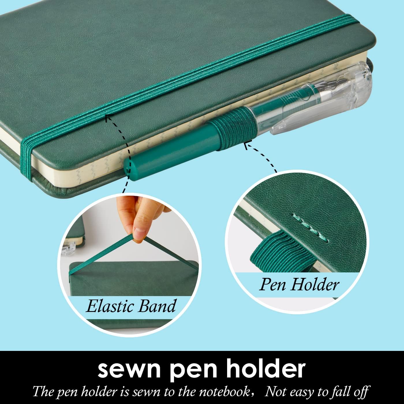 3 Pack Pocket Notebook Journals, Mini Small Leather Lined Journal Notebooks for Note Taking, Small Notepad with Pen Holder, Dark Green