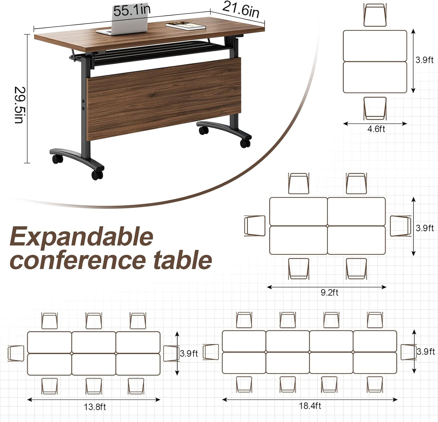 Folding Conference Table, Modern Large Conference Room Tables with Flip-Top Design, Foldable Conference Table Meeting Table with Wheels, Mobile Seminar Training Tables for Office Classroom (6, Walnut)
