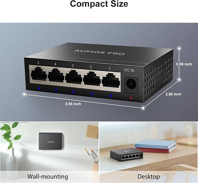 5 Port Gigabit Unmanaged Ethernet Switch, AUMOX PRO Home Network Hub, Office - Image 3