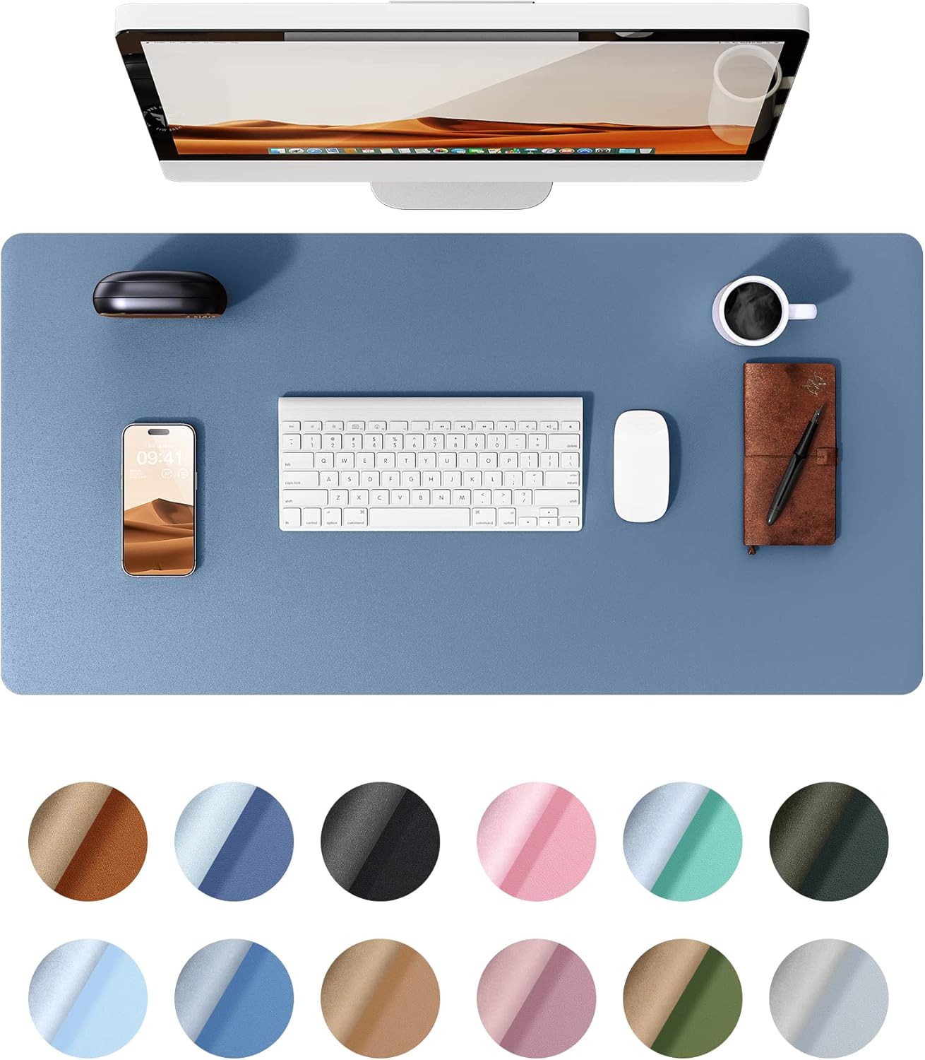 YSAGi Leather Desk Protector, Office Mat, Large Mouse Mat, Non-Slip PU Leather Blotter, Laptop Desk, Waterproof Writing Pad for Office and Home (Blue, 23.6" x 13.8")