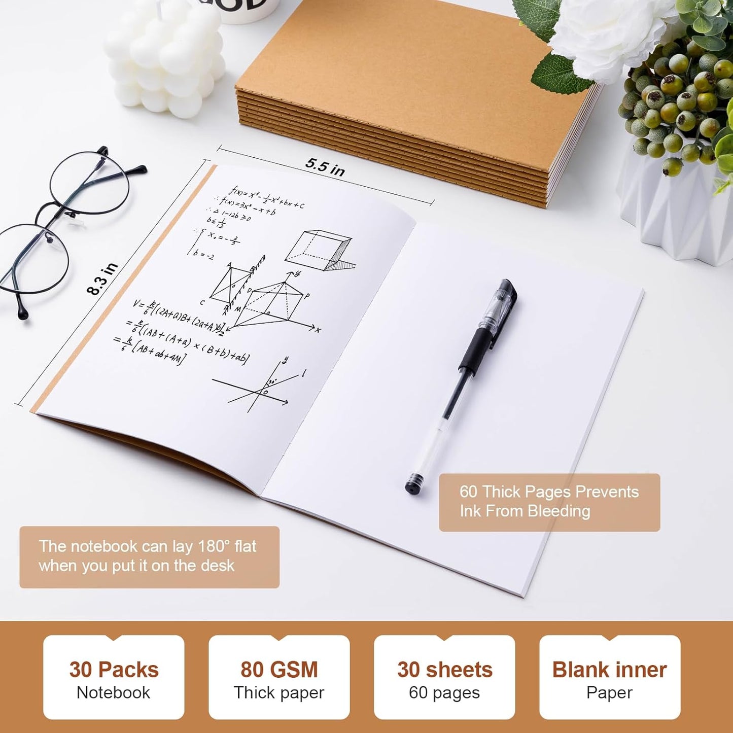 30 Pack A5 Unline Kraft Notebooks, 8.3x5.5inch Blank Journal Notebook Bulk for Drawing & Writing, Small Blank Paper Sketchbook Travel Journal Set for Adult, Paint Beginner and Student, 60 Pages