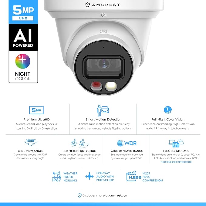 Amcrest 5MP AI Turret IP PoE Camera w/ 49ft Nightvision, Security IP Camera - Image 2