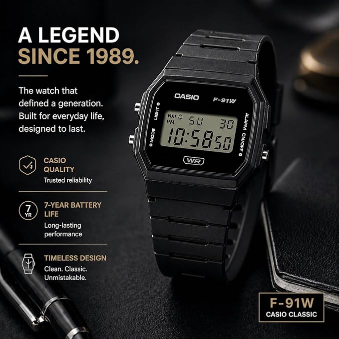 Casio F91W Series | Digital Watch | Water Resistant | LED Light | 1/100 SEC - Image 4