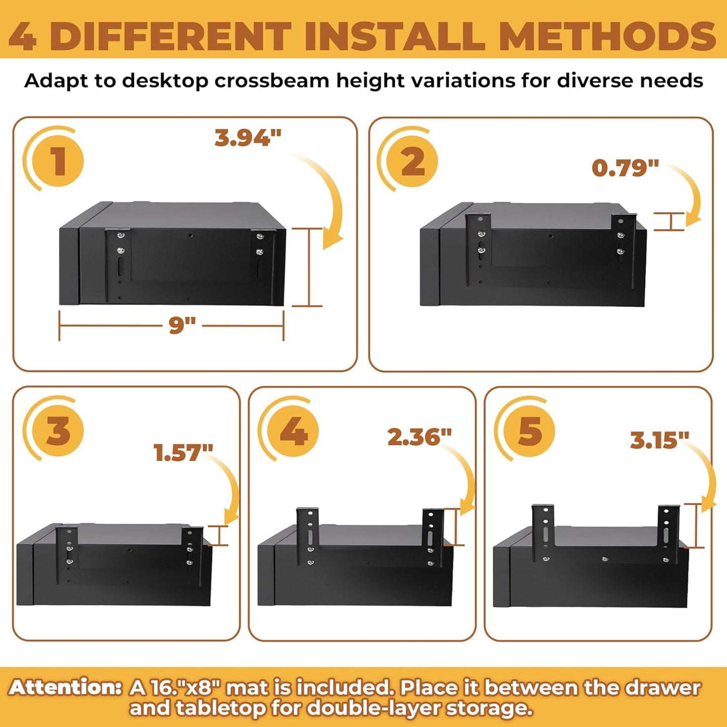 POPMOON 16 Inch Under Desk Drawer,Adjustable Height,Under Desk Drawer Slide Out, Metal Storage Drawer with Cable Management for Office & Home,Matte Black