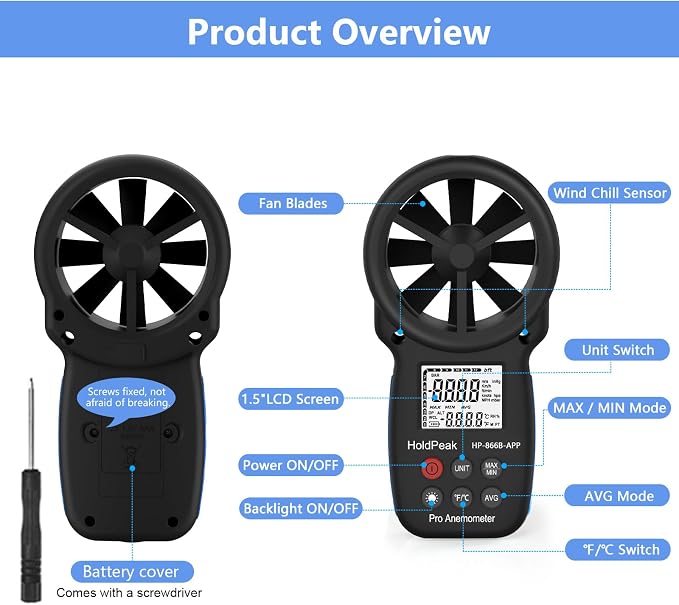 HoldPeak Handheld Anemometer Bluetooth, Digital Wind Speed Gauge Meter - Image 9