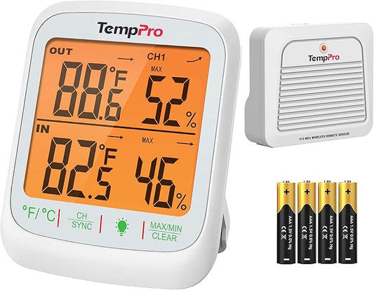 TempPro TP260B Indoor Outdoor Thermometer Wireless 1000FT Range, Digital by TempPro