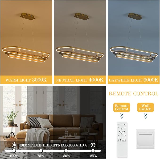 3 Ring LED Chandelier Black Gold Rectangular Chandeliers 39in Modern Oval - Image 6
