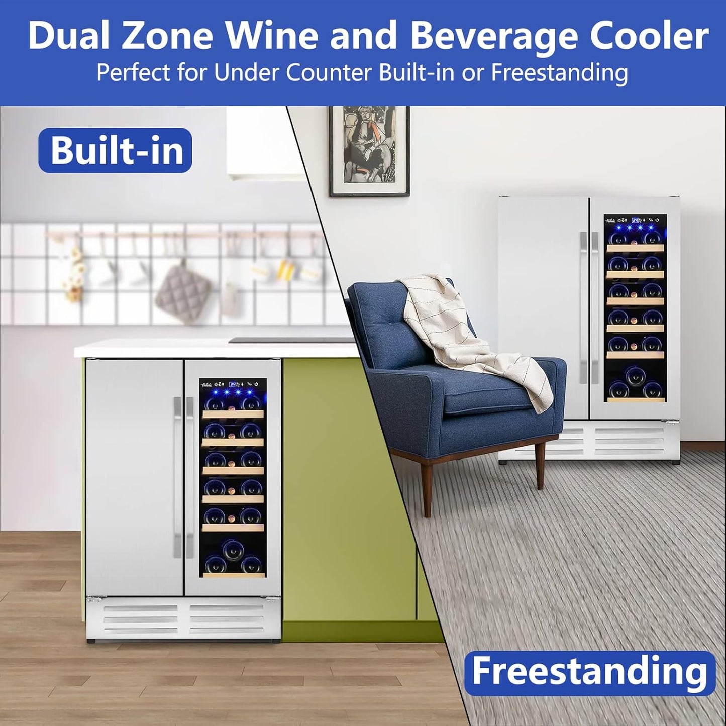 Wine and Beverage Refrigerator,24 Inch Dual Zone Wine Beverage Cooler, Built-in/Freestanding Beer and Wine Fridge with a Powerful Compressor, 20 Bottles and 88 Cans Capacity
