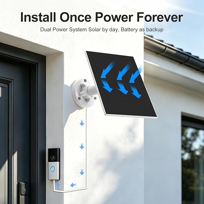 Solar Panel Charger for Ring Doorbell, Built-in 4000mAh Battery for Cloudy Days - Image 2
