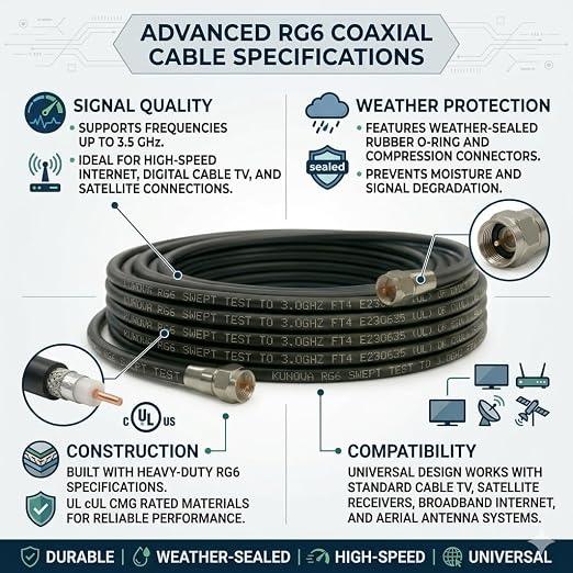 KUNOVA (TM 15 FT RG-6 Satellite TV Coaxial Cable RG6 3.5 Ghz 15FT New - Image 2