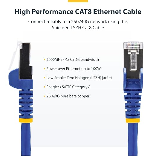 StarTech.com 3ft Blue CAT8 Ethernet Cable, Snagless RJ45, 100W PoE++, 26AWG - Image 2