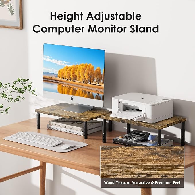 ECOLOVI Adjustable Wood Computer Monitor Stand Riser, Office Desk Organizer and - Image 3