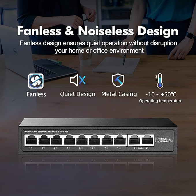 10 Port Mini PoE Switch with 8 PoE+, 2 Uplink, 10/100Mbps Ethernet, 120W - Image 5
