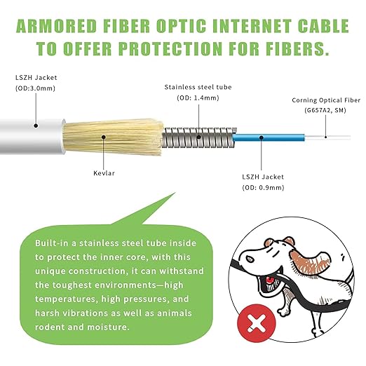 50ft SC/APC to SC/APC Fiber Optic Internet Cable, Armored Single Mode Patch - Image 2