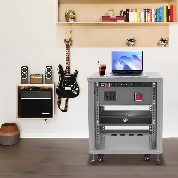 12U Home Audio & Video Stage Stereo Equipment Storage Cabinet Stand On Wheels - Image 7