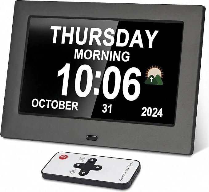 Dementia clock with time, 12 sets of alarms paired with 20 usage scenarios by Unknown