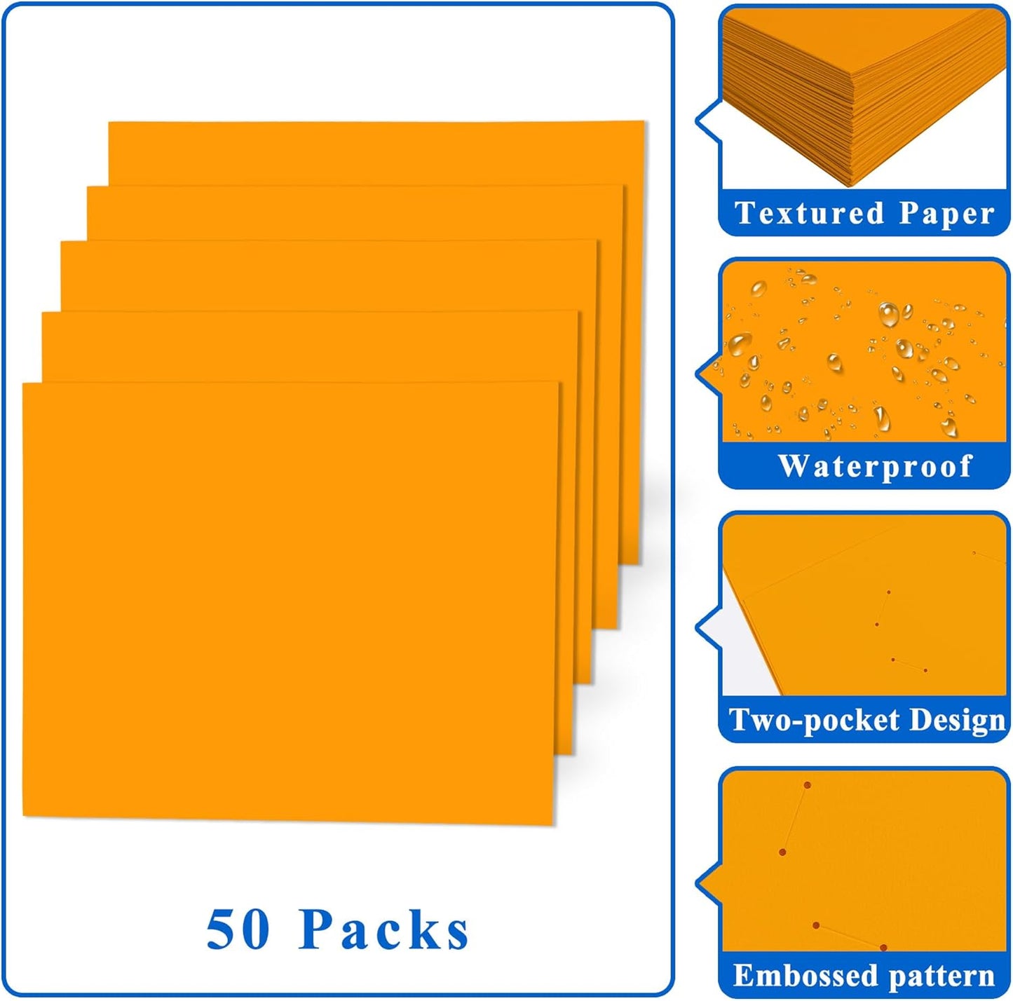 Zzrywuty 50 Packs Two Pocket File Folders with Business Card Slot,Textured Paper,Letter Size,Holds 100 Plus Sheets for School,Office,Business,Orange (Orange-50Pcs)