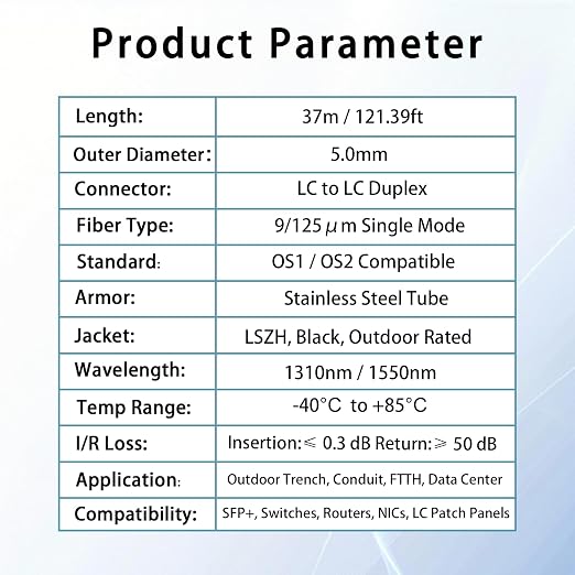 37M/121FT LC to LC Armored Outdoor Fiber Optic Cable, Single Mode Duplex - Image 6