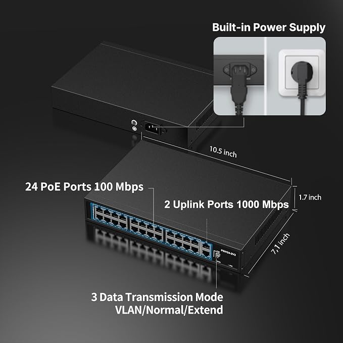 24 Port PoE Switch, 10/100Mbps PoE+ Ethernet Switch Unmanaged - Image 2