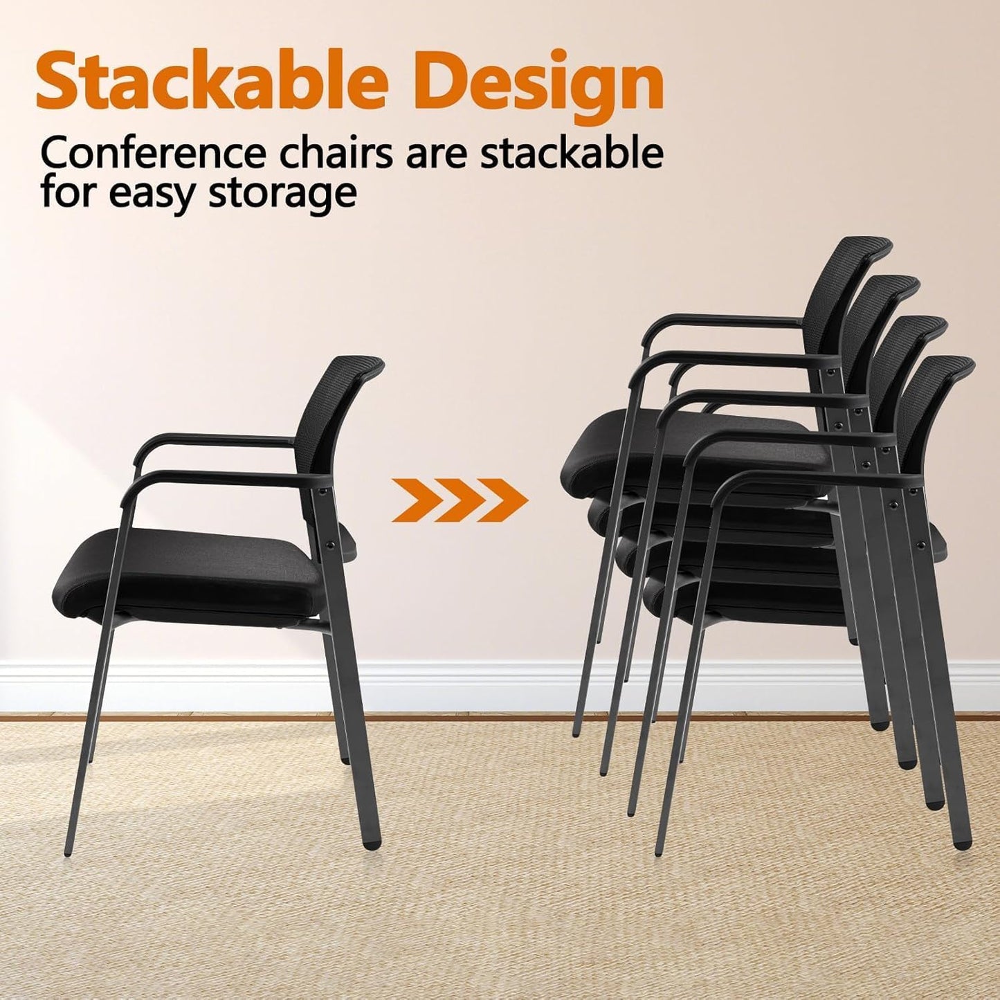 CLATINA Mesh Back Stacking Arm Chairs with Upholstered Fabric Seat and Ergonomic Lumbar Support for Office School Church Guest Reception Black 8 Pack Set New Version