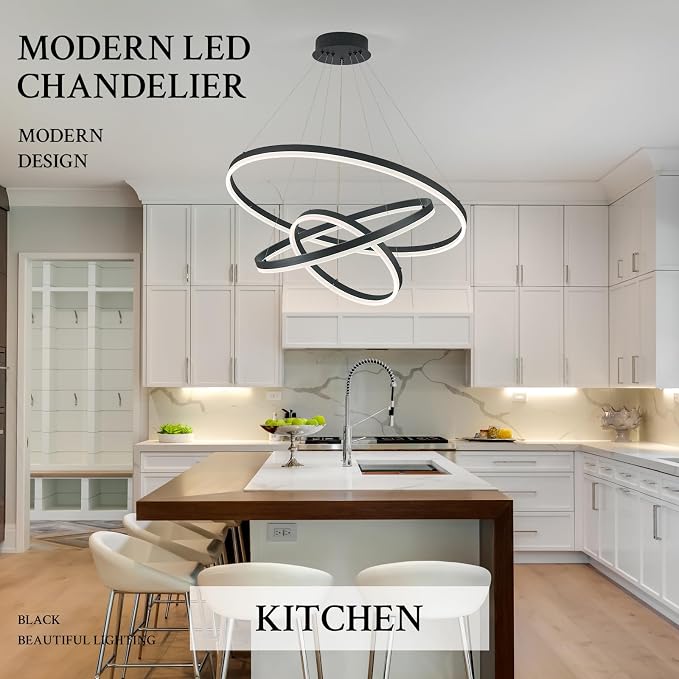 3-Rings Modern LED Chandelier Black, Dimmable Pendant Lighting - Image 7