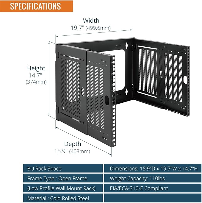 Tecmojo 8U Wall Mount Network Rack, Fits Shallow IT Equipments, 110 lbs Capacity - Image 2