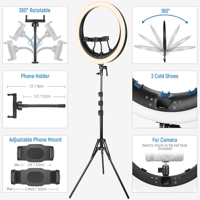 NEEWER 19 inch Ring Light with Stand, 3 Phone Holders and Mini Ball Head - Image 7