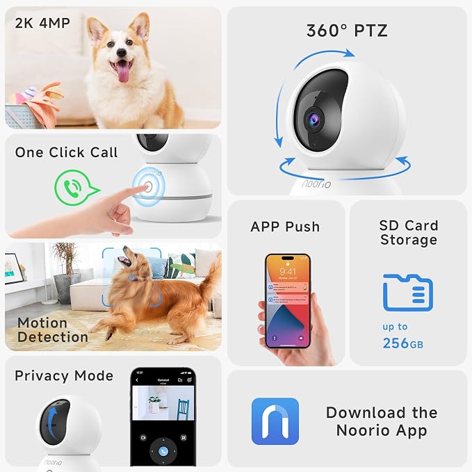 Noorio 2K Wired Security Camera Indoor, Pan/Tilt Pet Camera - Image 2