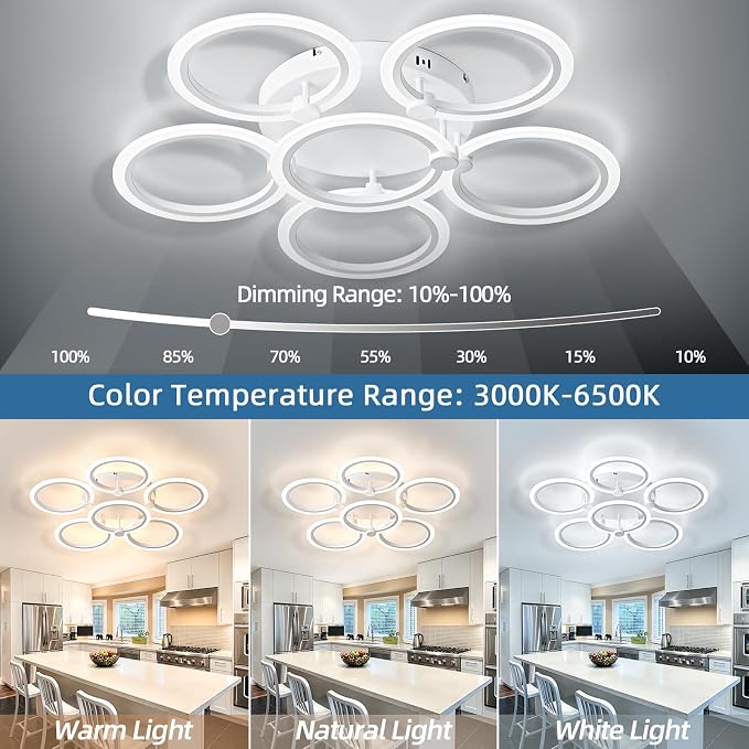 LED Ceiling Light, 6-Ring Modern Flush Mount Fixture, 77W Dimmable 3000K–6500K - Image 2