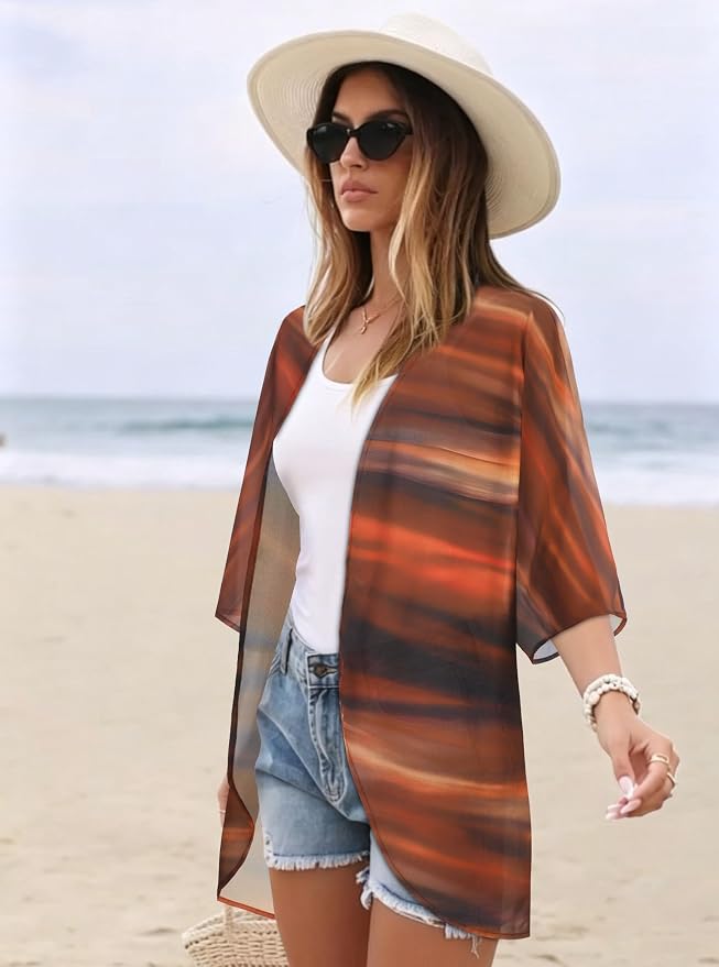 Women's Floral Print Puff Sleeve Kimono Cardigan Loose Cover Up Casual Blouse - Image 5