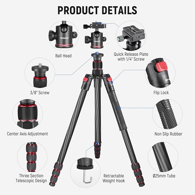 NEEWER 66"/168cm Carbon Fiber Tripod - Image 10