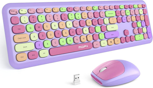 MOFII Wireless Keyboard and Mouse Combo, 2.4G Silent Cordless Slim Full Size Keyboard and Ergonomic Mice Set for Laptop, Desktop, MacBook, PC - Purple Colorful