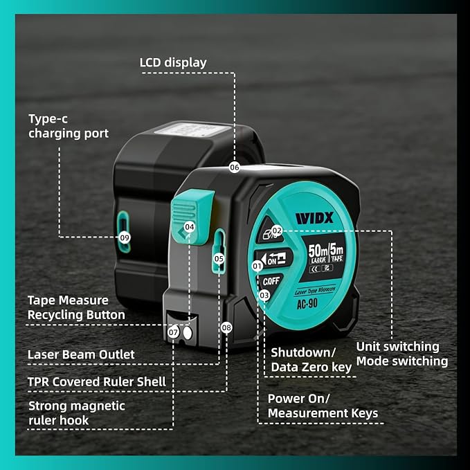 WIDX 2 in1 Laser Tape Measure, 164ft Laser Distance Measurement & 16ft - Image 7