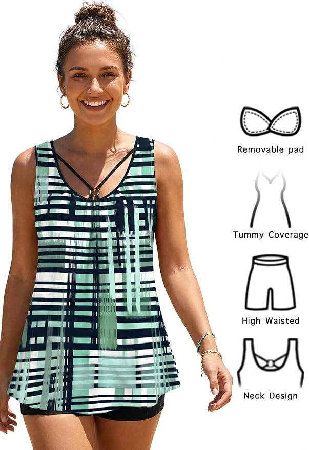 MODLILY Tummy Control Womens Tankini Swimsuits, Two Piece Metal Ring Bathing - Image 6