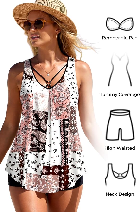 MODLILY Tummy Control Womens Tankini Swimsuits, Two Piece Metal Ring Bathing - Image 6