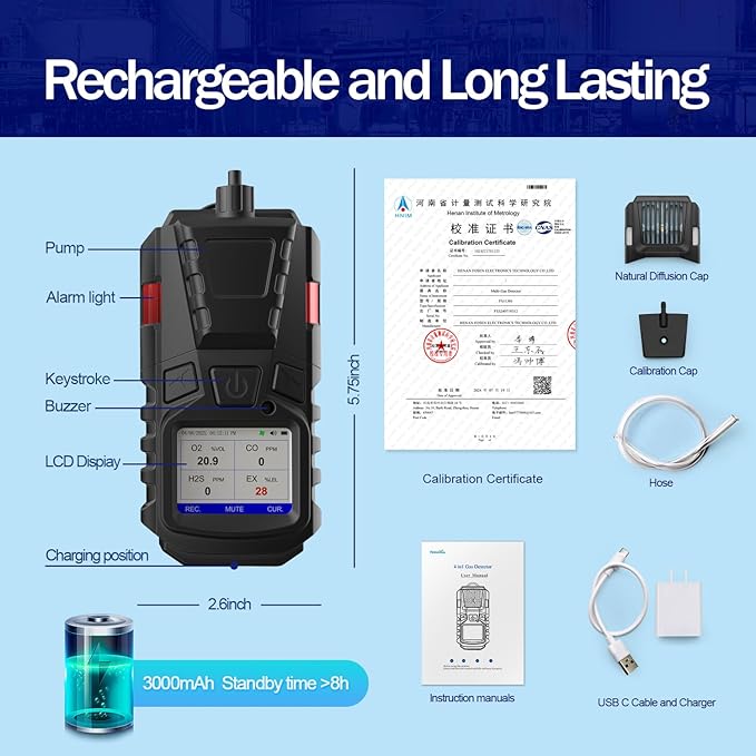 Gas Detector with Pump, 4 Gas Monitor Multi Gas Detector CO EX O2 H2S Monitor - Image 4