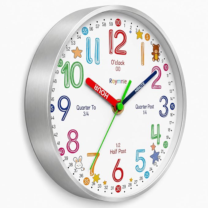 Roymnie Wall Clock Learning to Tell Time Easily Non Ticking Battery Operated - Image 8