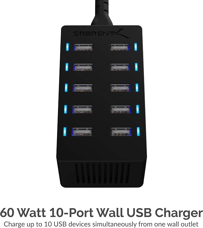 Sabrent 60 Watt 10-Port Family-Sized Desktop USB Rapid Charger. Smart USB Ports - Image 3