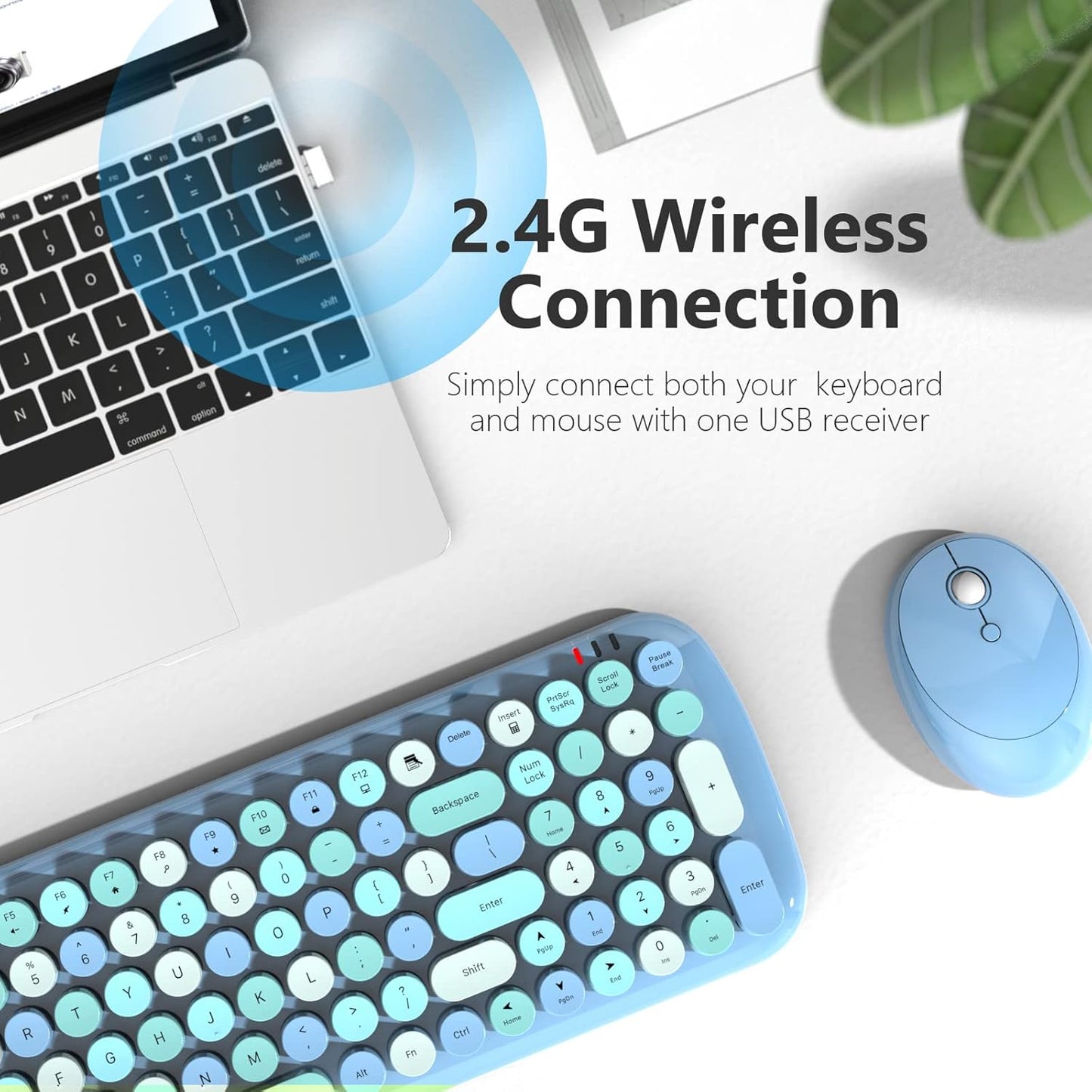 MOFII Wireless Keyboard and Mouse Combo, 2.4GHz Retro Typewriter Keyboard and Cute Mouse for Computer PC Desktops Laptop Windows(Blue Mix)