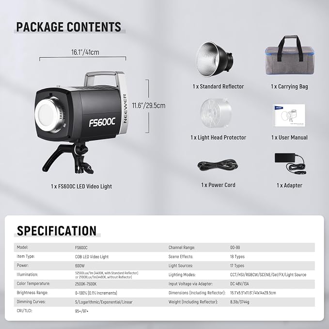 NEEWER Pro 600W RGB LED Video Light APP/2.4G/DMX Control, 2500-7500K 52500lx/1m - Image 3