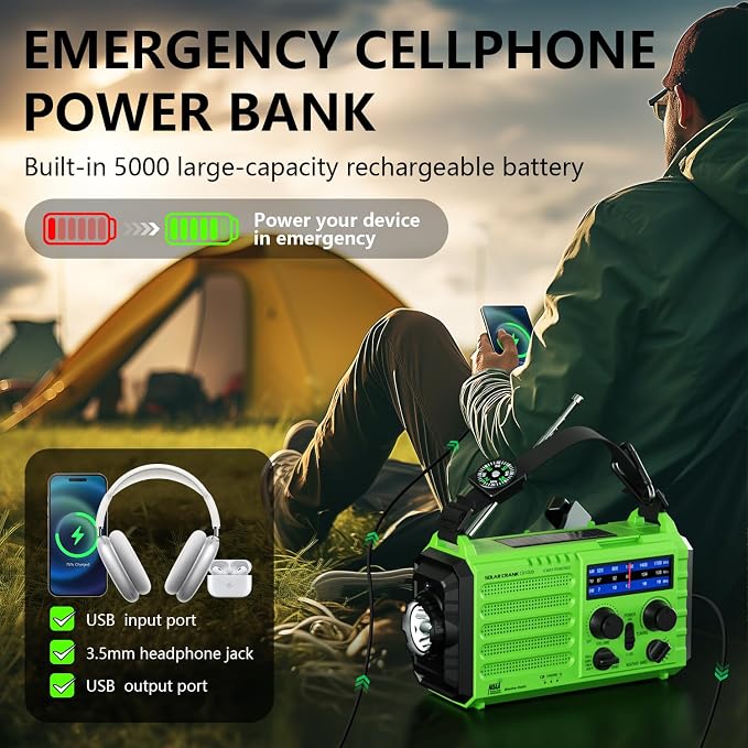 NOAA-Certified Emergency Weather Radio, AM/FM Portable Solar Hand Crank Powered - Image 4