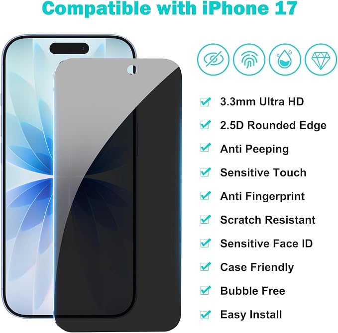PEHAEL 3+3 Pack for iPhone 17 Privacy Screen Protector - Image 2