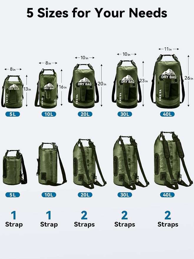 HEETA Dry Bag Waterproof for Women Men, 5L/10L/20L/30L/40L Roll Top Lightweight - Image 2