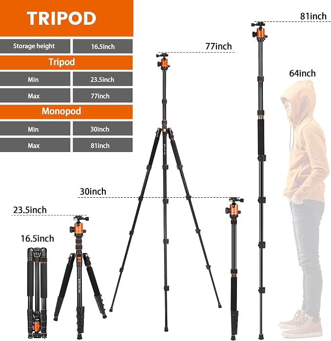 82" Tall Camera Tripod Heavy Duty, Victiv Aluminum DSLR Tripod Monopod - Image 3