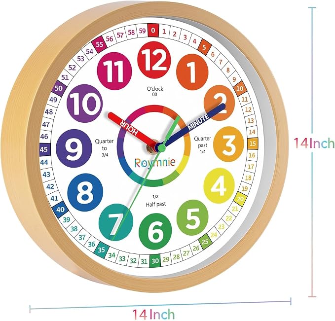 Roymnie14 Inch Wall Clock for Kids Learning to Tell Time Large Analog Silent - Image 8