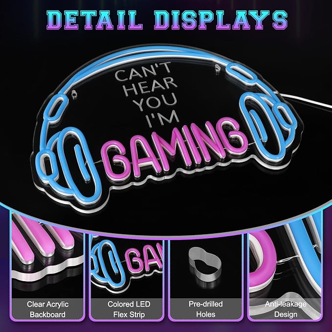 Gaming Neon Sign, Large Bright and Dimmable Colored LED Headset Gamer Neon - Image 5