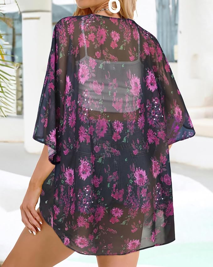 Women's Floral Print Puff Sleeve Kimono Cardigan Loose Cover Up Casual Blouse - Image 4