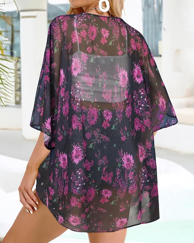 Women's Floral Print Puff Sleeve Kimono Cardigan Loose Cover Up Casual Blouse - Image 4