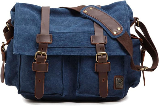 Sechunk Vintage Military Leather Canvas Laptop Bag Messenger Bags Medium by Sechunk